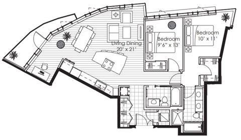 Floor plan for 2 beds, 2 baths, 1116 sqft